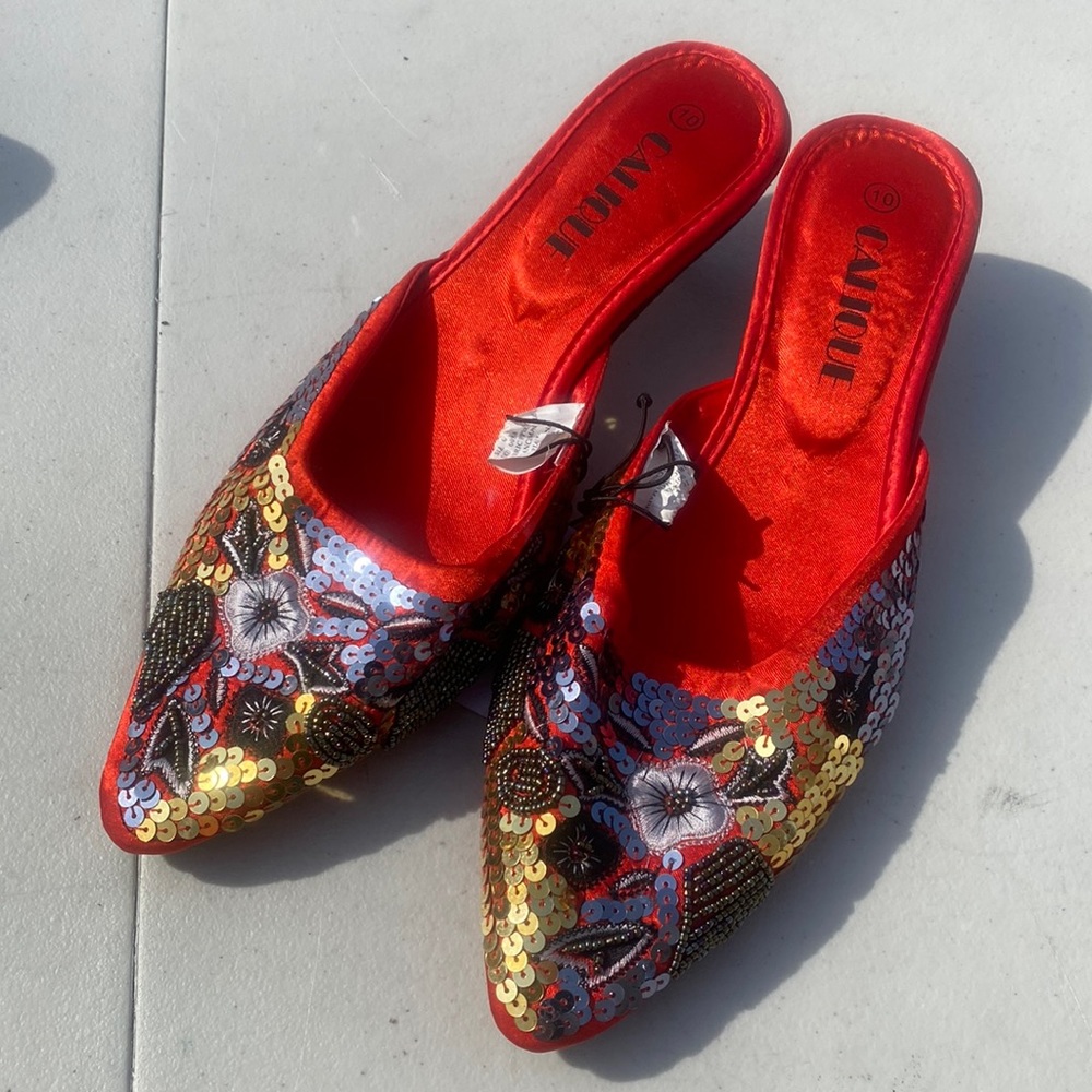 Sequin Red Satin Kitten Heels Size 10